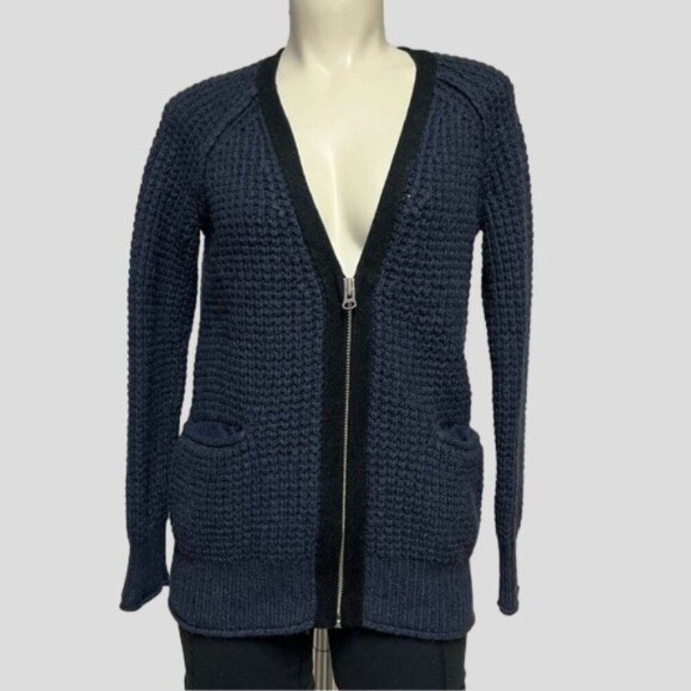 Wilfred Free Navy & Black Wool Chunky Knit Full Zipper Cardigan